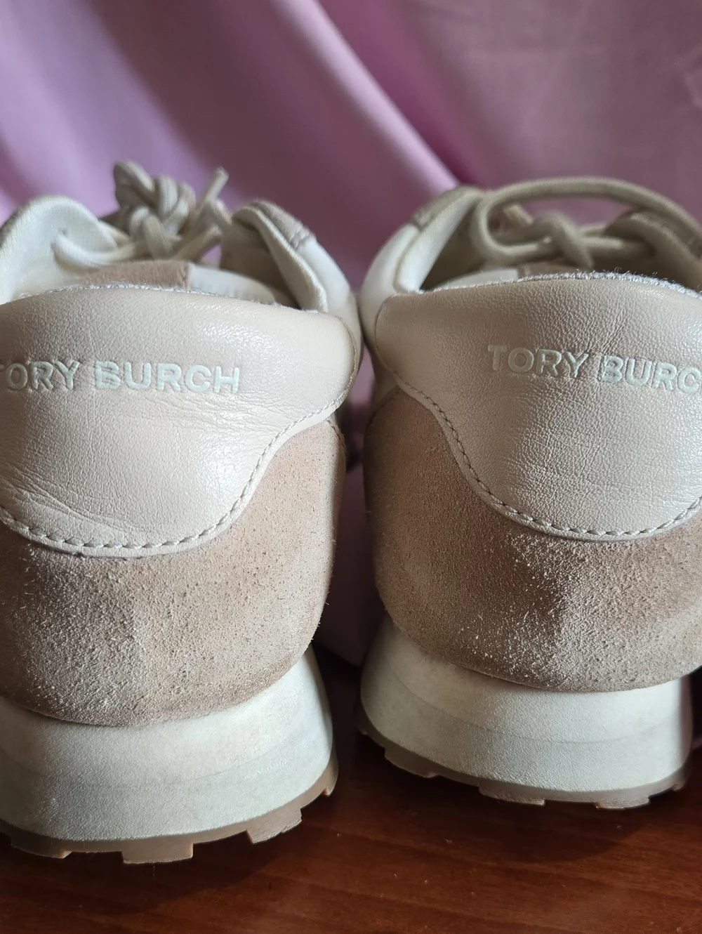 Tory Burch Beige & White Nylon, Leather & Suede-Trim Running Sneakers